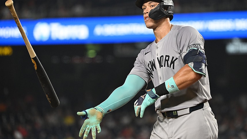 Aug 28, 2024; Washington, District of Columbia, USA; New York Yankees center fielder Aaron Judge (99) tosses his bat after drawing a walk against the Washington Nationals during the eighth inning at Nationals Park. Mandatory Credit: Rafael Suanes-USA TODAY Sports