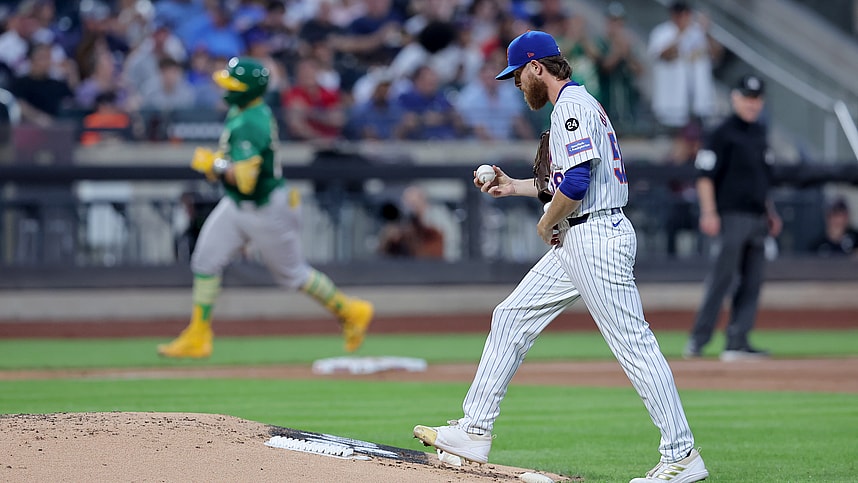 Aug 13, 2024; New York City, New York, USA; New York Mets starting pitcher Paul Blackburn (58) reacts after giving up a three run home run to Oakland Athletics catcher Shea Langeliers (23) during the third inning at Citi Field. Mandatory Credit: Brad Penner-USA TODAY Sports