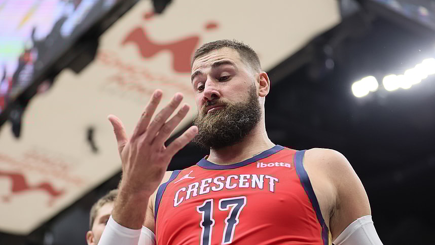 Oct 28, 2023; New Orleans, Louisiana, USA; New Orleans Pelicans center Jonas Valanciunas (17) checks for injury after being hit in the face at Smoothie King Center. Mandatory Credit: Matthew Dobbins-USA TODAY Sports