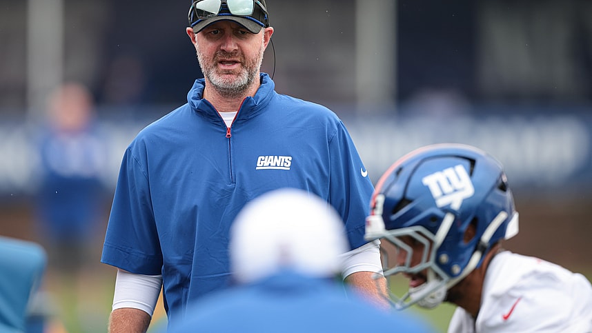 Jul 24, 2024; East Rutherford, NJ, USA; New York Giants defensive coordinator Shane Bowen looks on during training camp at Quest Diagnostics Training Facility. Mandatory Credit: Vincent Carchietta-USA TODAY Sports