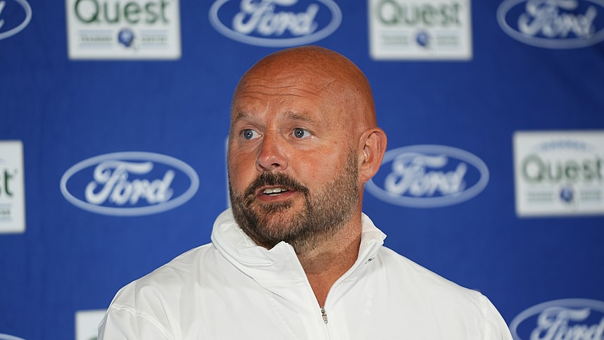 Jul 25, 2024; East Rutherford, NY, USA; New York Giants head coach Brian Daboll speaks at a press conference before training camp at Quest Diagnostics Training Center. Mandatory Credit: Lucas Boland-USA TODAY Sports