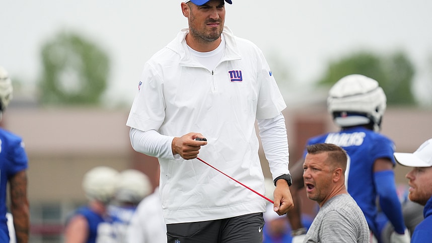 Jul 25, 2024; East Rutherford, NY, USA; New York Giants offensive coordinator Mike Kafka looks on during training camp at Quest Diagnostics Training Center. Mandatory Credit: Lucas Boland-USA TODAY Sports