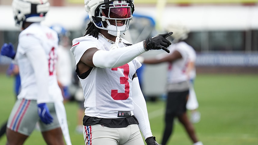 Jul 25, 2024; East Rutherford, NY, USA; New York Giants cornerback Deonte Banks (3) reacts during training camp at Quest Diagnostics Training Center. Mandatory Credit: Lucas Boland-USA TODAY Sports