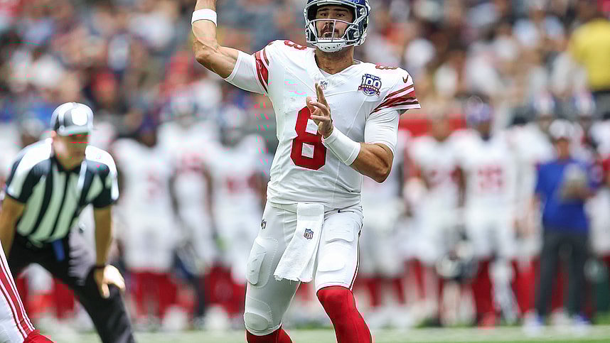 Aug 17, 2024; Houston, Texas, USA; New York Giants quarterback Daniel Jones (8) attempts a pass during the second quarter against the Houston Texans at NRG Stadium. Mandatory Credit: Troy Taormina-USA TODAY Sports