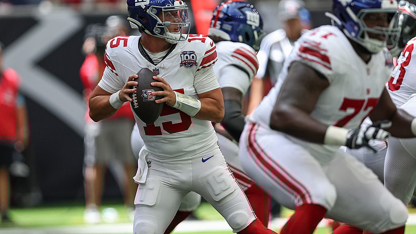 Aug 17, 2024; Houston, Texas, USA; New York Giants quarterback Tommy DeVito (15) in action during the game against the Houston Texans at NRG Stadium. Mandatory Credit: Troy Taormina-USA TODAY Sports