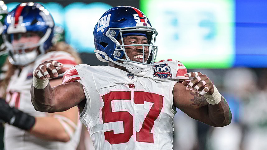 Aug 24, 2024; East Rutherford, New Jersey, USA; New York Giants linebacker K.J. Cloyd celebrates after a defensive stop against the New York Jets during the second half at MetLife Stadium. Mandatory Credit: Vincent Carchietta-USA TODAY Sports