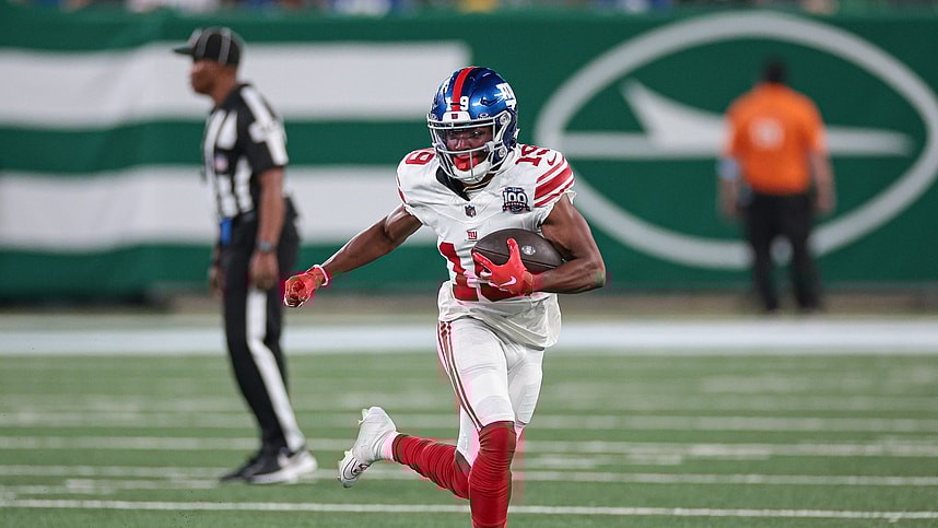 Aug 24, 2024; East Rutherford, New Jersey, USA; New York Giants wide receiver Ayir Asante (19) gains yards after catch during the second half against the New York Jets at MetLife Stadium. Mandatory Credit: Vincent Carchietta-USA TODAY Sports