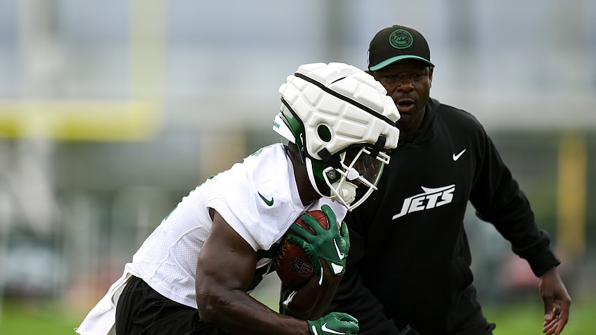 Jul 25, 2024; Florham Park, NJ, USA; New York Jets running back Tarik Cohen (31) participates in a drill during training camp at Atlantic Health Jets Training Center. Mandatory Credit: John Jones-USA TODAY Sports