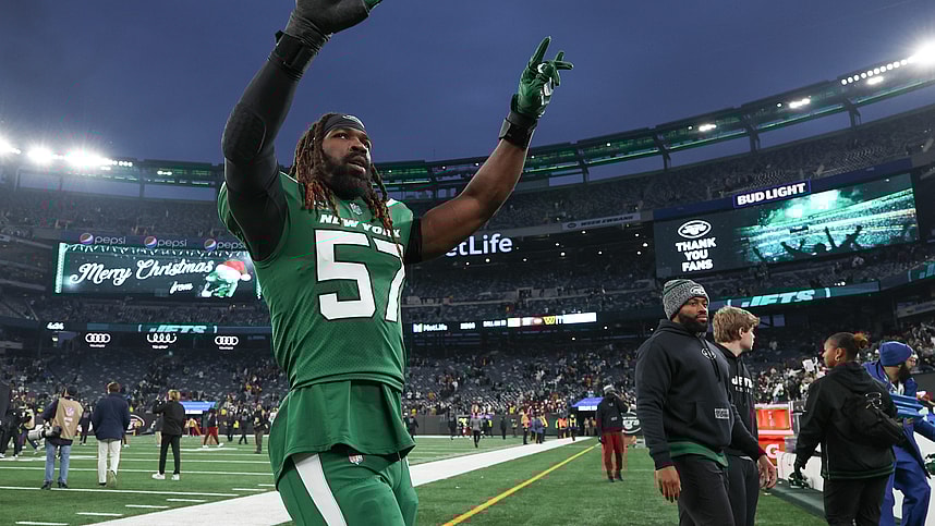 Dec 24, 2023; East Rutherford, New Jersey, USA; New York Jets linebacker C.J. Mosley (57) gestures to fans after the game against the Washington Commanders at MetLife Stadium. Mandatory Credit: Vincent Carchietta-USA TODAY Sports
