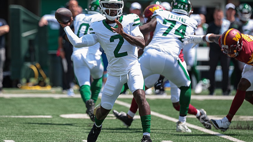 Aug 10, 2024; East Rutherford, New Jersey, USA; New York Jets quarterback Tyrod Taylor (2) throws the ball during the first quarter against the Washington Commanders at MetLife Stadium. Mandatory Credit: Vincent Carchietta-USA TODAY Sports