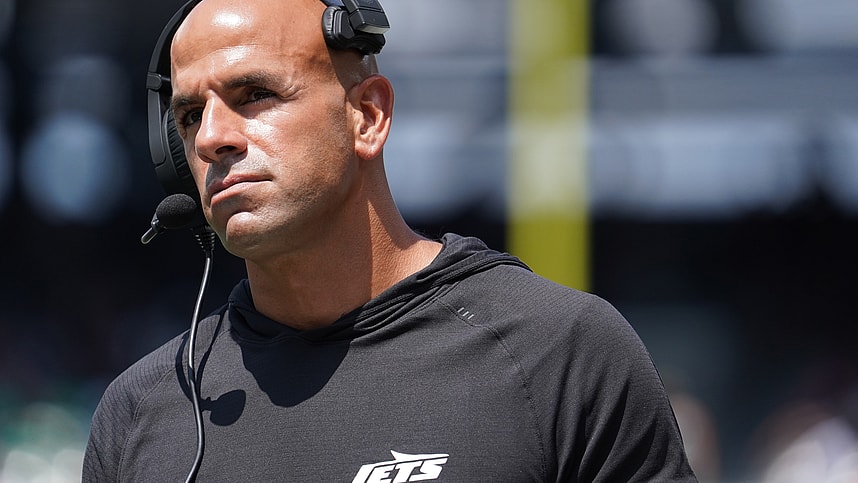 Aug 10, 2024; East Rutherford, New Jersey, USA; New York Jets heads coach Robert Saleh walks the sideline during the second quarter against the Washington Commanders at MetLife Stadium. Mandatory Credit: Lucas Boland-USA TODAY Sports