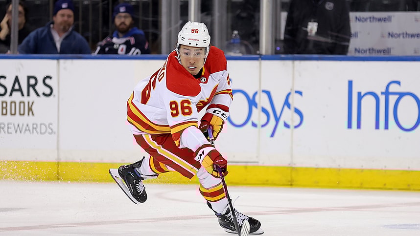Feb 12, 2024; New York, New York, USA; Calgary Flames left wing Andrei Kuzmenko (96) plays the puck against the New York Rangers during the second period at Madison Square Garden. Mandatory Credit: Brad Penner-USA TODAY Sports