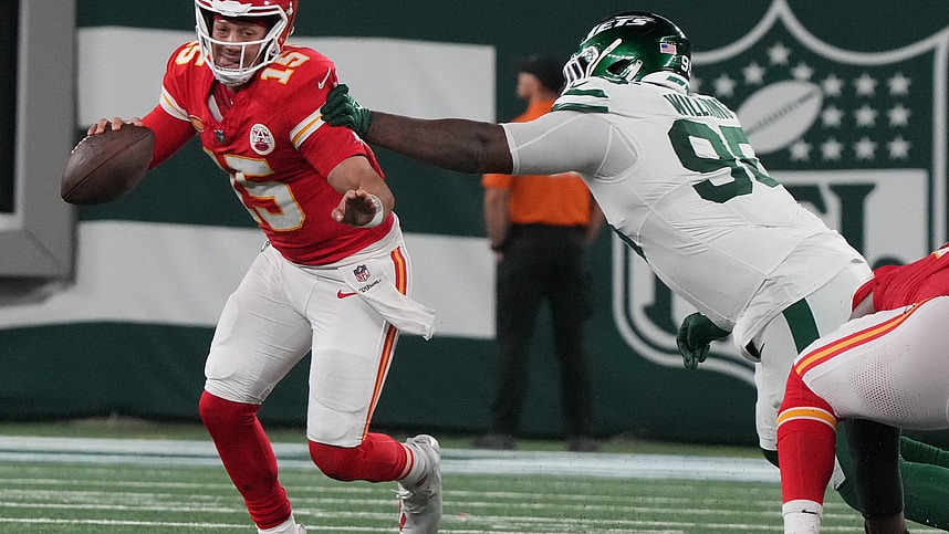 East Rutherford, NJ October 1, 2023 Chiefs quarterback Patrick Mahomes gets out of the grasp of Quinnen Williams of the Jets in the second half. The New York Jets host the Kansas City Chiefs at MetLife Stadium in East Rutherford, NJ on October 1, 2023.