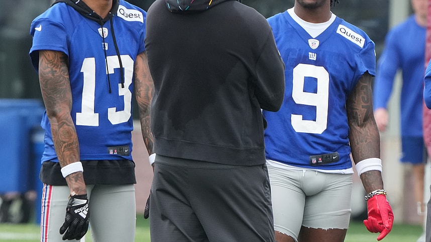East Rutherford, NJ -- July 24, 2024 -- Wide receivers, Jalin Hyatt and first round draft pick, Malik Nabers during the first day of training camp for the 2024 New York Giants.