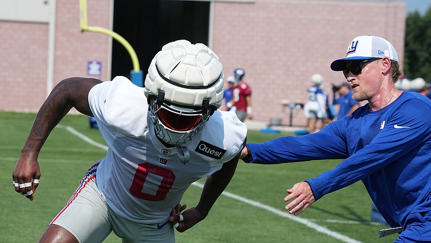 East Rutherford, NJ -- August 1, 2024 -- Linebacker Brian Burns with outside linebacker coach Charlie Bullen practicing today at training camp for the New York Giants.
