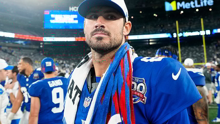 New York Giants quarterback Daniel Jones (8) is shown at MetLife Stadium after the game, Thursday, August 8 2024, in East Rutherford.