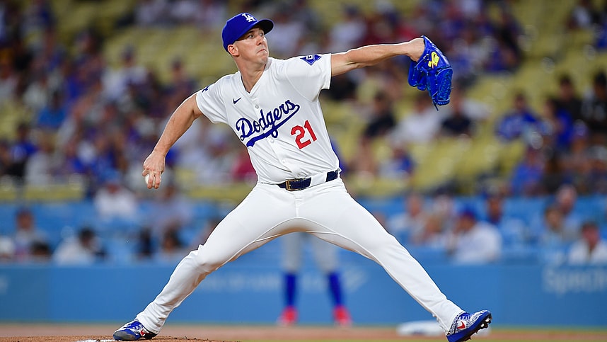Sep 9, 2024; Los Angeles, California, USA; Los Angeles Dodgers pitcher Walker Buehler (21) throws against the Chicago Cubs during the first inning at Dodger Stadium. Mandatory Credit: Gary A. Vasquez-Imagn Images
