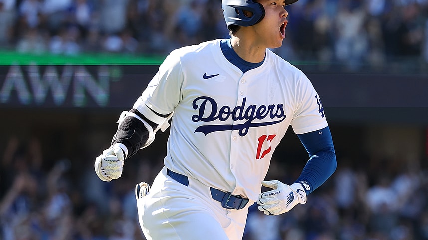 Sep 22, 2024; Los Angeles, California, USA; Los Angeles Dodgers designated hitter Shohei Ohtani (17) celebrates on a game tying solo home run during the ninth inning against the Colorado Rockies at Dodger Stadium. Mandatory Credit: Kiyoshi Mio-Imagn Images