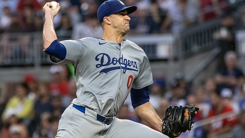Sep 14, 2024; Cumberland, Georgia, USA; Los Angeles Dodgers pitcher Jack Flaherty (0) pitches the ball against the Atlanta Braves during the first inning at Truist Park. Mandatory Credit: Jordan Godfree-Imagn Images