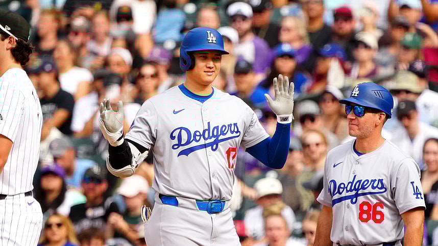 Sep 29, 2024; Denver, Colorado, USA; Los Angeles Dodgers designated hitter Shohei Ohtani (17) celebrates his single during the eighth inning against the Colorado Rockies at Coors Field. Mandatory Credit: Ron Chenoy-Imagn Images