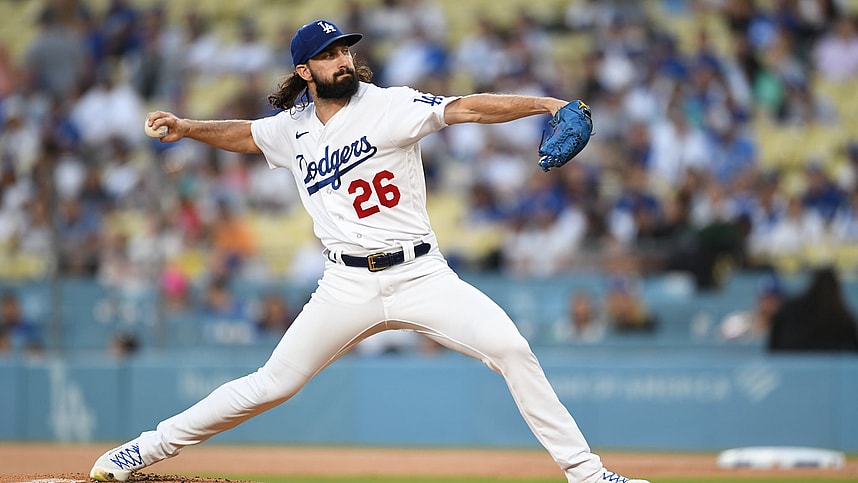 Aug 18, 2023; Los Angeles, California, USA; Los Angeles Dodgers starting pitcher Tony Gonsolin (26) throws a pitch against the Miami Marlins during the first inning at Dodger Stadium. Mandatory Credit: Jonathan Hui-Imagn Images