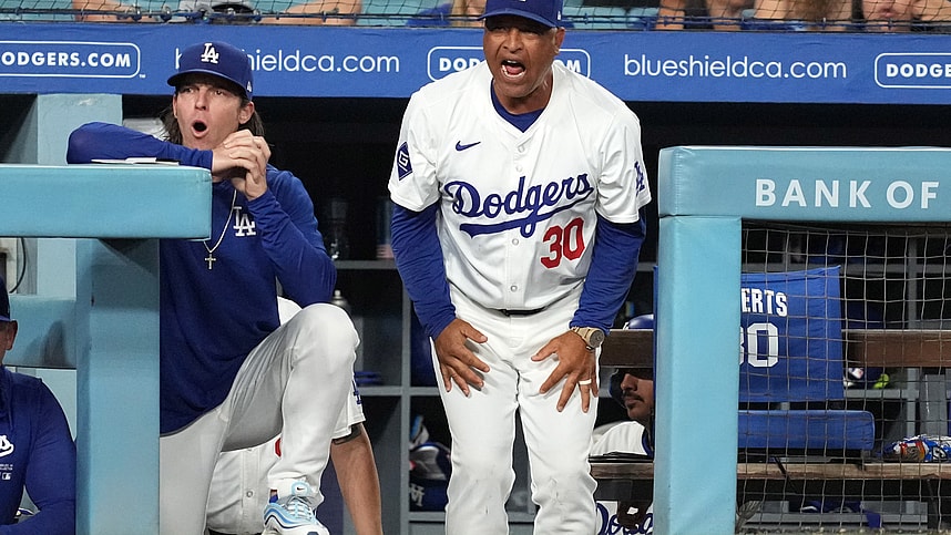 Aug 20, 2024; Los Angeles, California, USA; Los Angeles Dodgers manager Dave Roberts (30) reacts during the game against the Seattle Mariners at Dodger Stadium. Mandatory Credit: Kirby Lee-Imagn Images