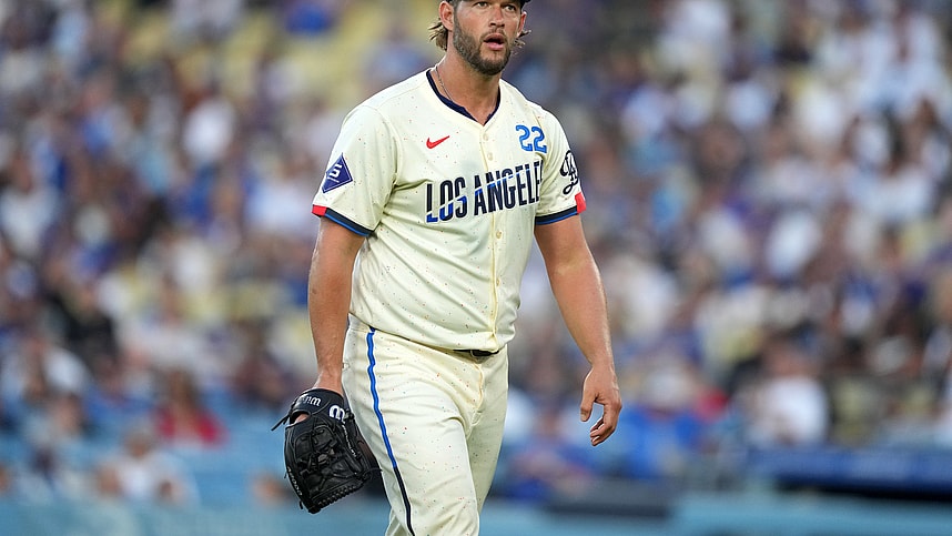 Aug 24, 2024; Los Angeles, California, USA; Los Angeles Dodgers starting pitcher Clayton Kershaw (22) reacts at the end of the fourth inning against the Tampa Bay Rays at Dodger Stadium. Mandatory Credit: Kirby Lee-Imagn Images