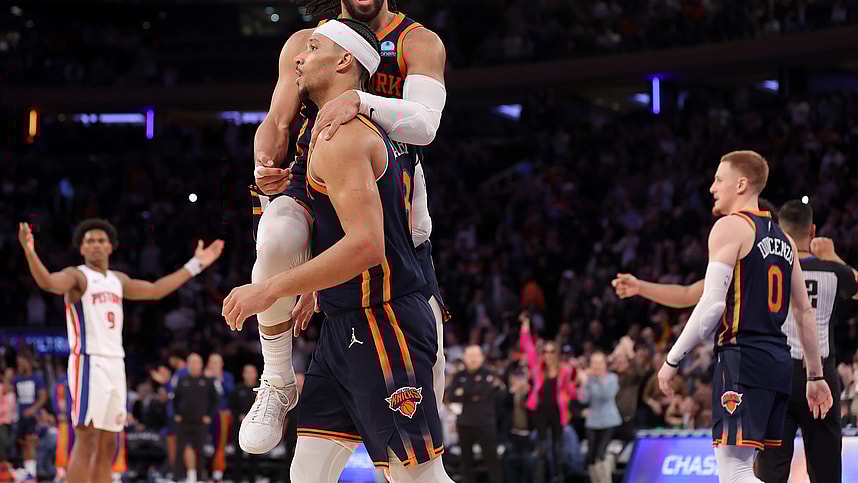 Feb 26, 2024; New York, New York, USA; New York Knicks guard Jalen Brunson (11) celebrates with guard Josh Hart (3) during the fourth quarter against the Detroit Pistons at Madison Square Garden. Mandatory Credit: Brad Penner-Imagn Images