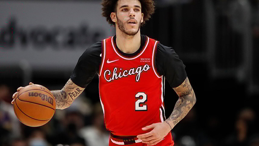 Dec 19, 2021; Chicago, Illinois, USA; Chicago Bulls guard Lonzo Ball (2) brings the ball up court against the Los Angeles Lakers during the first half at United Center. Mandatory Credit: Kamil Krzaczynski-Imagn Images
