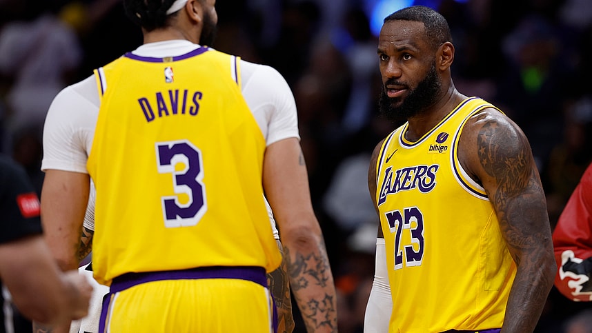Apr 3, 2024; Washington, District of Columbia, USA; Los Angeles Lakers forward LeBron James (23) talks with Lakers forward Anthony Davis (3) against the Washington Wizards at Capital One Arena. Mandatory Credit: Geoff Burke-Imagn Images