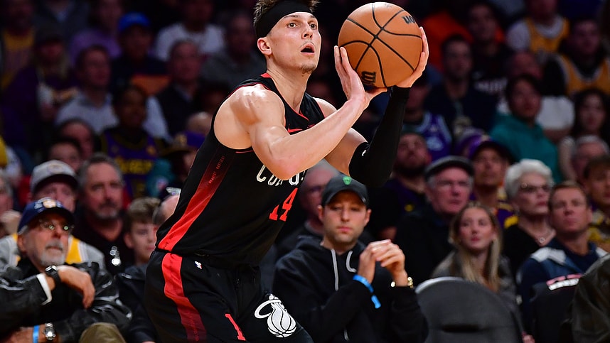 Jan 3, 2024; Los Angeles, California, USA; Miami Heat guard Tyler Herro (14) shoots against the against the Los Angeles Lakers during the first half at Crypto.com Arena. Mandatory Credit: Gary A. Vasquez-Imagn Images