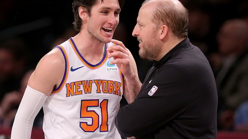 Dec 20, 2023; Brooklyn, New York, USA; New York Knicks guard Ryan Arcidiacono (51) talks to head coach Tom Thibodeau during the fourth quarter against the Brooklyn Nets at Barclays Center. Mandatory Credit: Brad Penner-Imagn Images