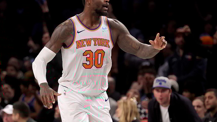 Jan 23, 2024; Brooklyn, New York, USA; New York Knicks forward Julius Randle (30) celebrates his three point shot against the Brooklyn Nets during the fourth quarter at Barclays Center. Mandatory Credit: Brad Penner-Imagn Images