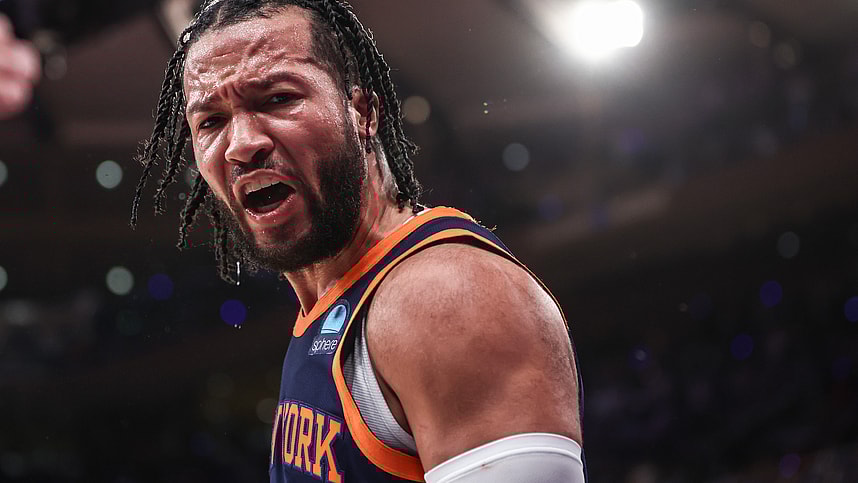 May 8, 2024; New York, New York, USA; New York Knicks guard Jalen Brunson (11) celebrates in the fourth quarter  after scoring against the Indiana Pacers during game two of the second round for the 2024 NBA playoffs at Madison Square Garden. Mandatory Credit: Wendell Cruz-Imagn Images