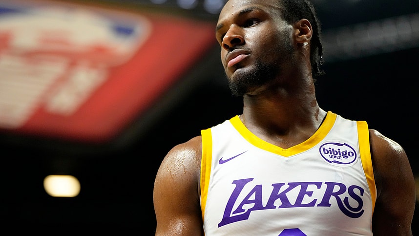 Jul 15, 2024; Las Vegas, NV, USA; Los Angeles Lakers guard Bronny James (9) competes against the Boston Celtics during the second half at Thomas & Mack Center. Mandatory Credit: Lucas Peltier-Imagn Images