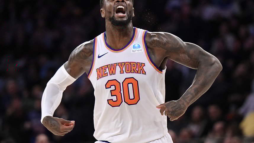Dec 11, 2023; New York, New York, USA; New York Knicks forward Julius Randle (30) reacts after a dunk against the Toronto Raptors during the fourth quarter at Madison Square Garden. Mandatory Credit: John Jones-Imagn Images