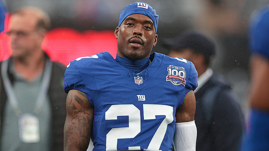 Aug 8, 2024; East Rutherford, New Jersey, USA; New York Giants safety Jason Pinnock (27) looks on before the game against the Detroit Lions at MetLife Stadium. Mandatory Credit: Vincent Carchietta-Imagn Images