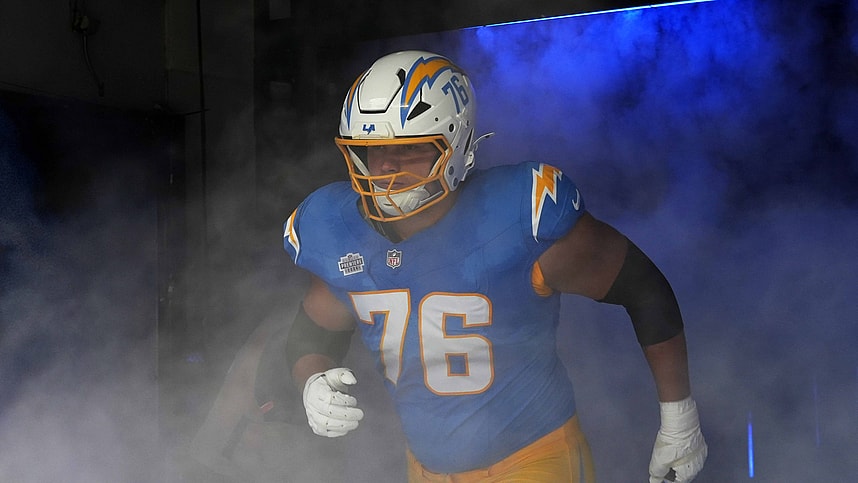 Sep 8, 2024; Inglewood, California, USA; Los Angeles Chargers offensive tackle Joe Alt (76) enters the field before the game against the Las Vegas Raiders at SoFi Stadium. Mandatory Credit: Kirby Lee-Imagn Images