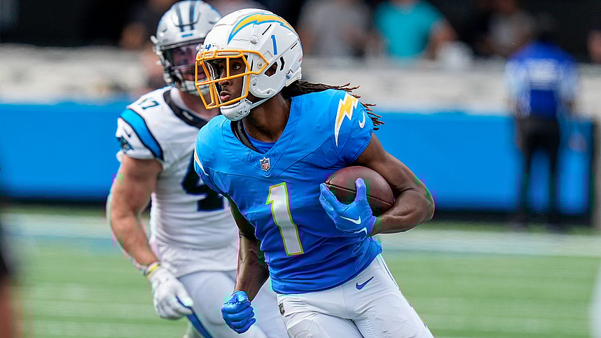 Sep 15, 2024; Charlotte, North Carolina, USA; Los Angeles Chargers wide receiver Quentin Johnston (1) runs against the Carolina Panthers during the second half at Bank of America Stadium. Mandatory Credit: Jim Dedmon-Imagn Images