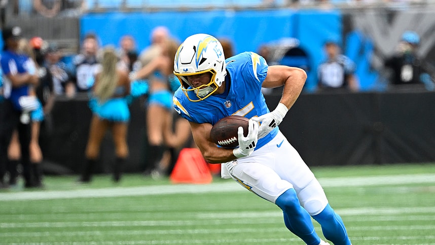 Sep 15, 2024; Charlotte, North Carolina, USA; Los Angeles Chargers wide receiver Ladd McConkey (15) with the ball in the first quarter at Bank of America Stadium. Mandatory Credit: Bob Donnan-Imagn Images
