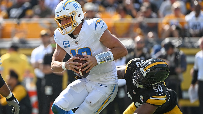 Sep 22, 2024; Pittsburgh, Pennsylvania, USA; Pittsburgh Steelers linebacker Elandon Roberts (50) sacks Los Angeles Chargers quarterback Justin Herbert (10) during the third quarter at Acrisure Stadium. Mandatory Credit: Barry Reeger-Imagn Images