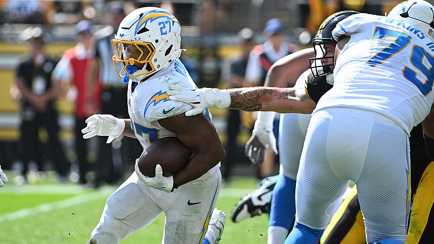 Sep 22, 2024; Pittsburgh, Pennsylvania, USA; Los Angeles Chargers running back J.K. Dobbins (27) gains yardage against the Pittsburgh Steelers during the third quarter at Acrisure Stadium. Mandatory Credit: Barry Reeger-Imagn Images