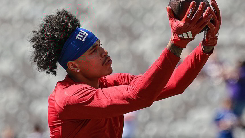 Sep 8, 2024; East Rutherford, New Jersey, USA; New York Giants wide receiver Jalin Hyatt (13) warms up before the game against the Minnesota Vikings at MetLife Stadium. Mandatory Credit: Vincent Carchietta-Imagn Images