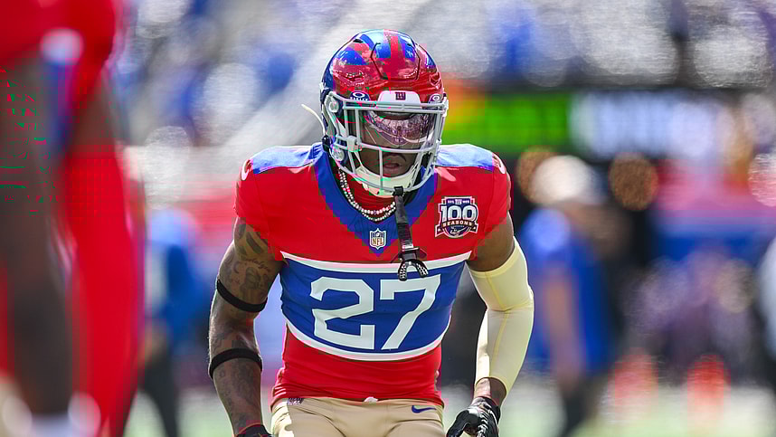Sep 8, 2024; East Rutherford, New Jersey, USA; New York Giants safety Jason Pinnock (27) warms up before a game against the Minnesota Vikings at MetLife Stadium. Mandatory Credit: John Jones-Imagn Images