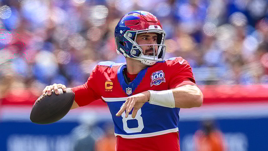 Sep 8, 2024; East Rutherford, New Jersey, USA; New York Giants quarterback Daniel Jones (8) throws a pass against the Minnesota Vikings during the first half at MetLife Stadium. Mandatory Credit: John Jones-Imagn Images