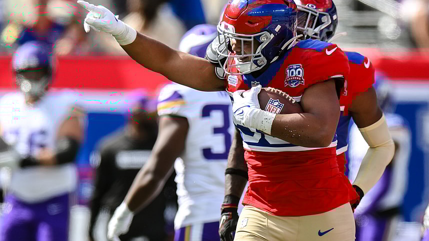 Sep 8, 2024; East Rutherford, New Jersey, USA; New York Giants linebacker Darius Muasau (53) reacts after an interception against the Minnesota Vikings during the second half at MetLife Stadium. Mandatory Credit: John Jones-Imagn Images