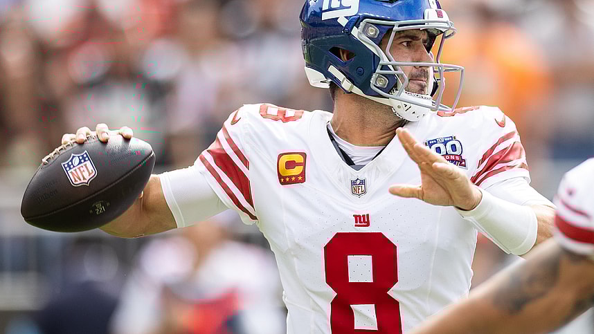 Sep 22, 2024; Cleveland, Ohio, USA; New York Giants quarterback Daniel Jones (8) throws the ball against the Cleveland Browns during the first quarter at Huntington Bank Field. Mandatory Credit: Scott Galvin-Imagn Images