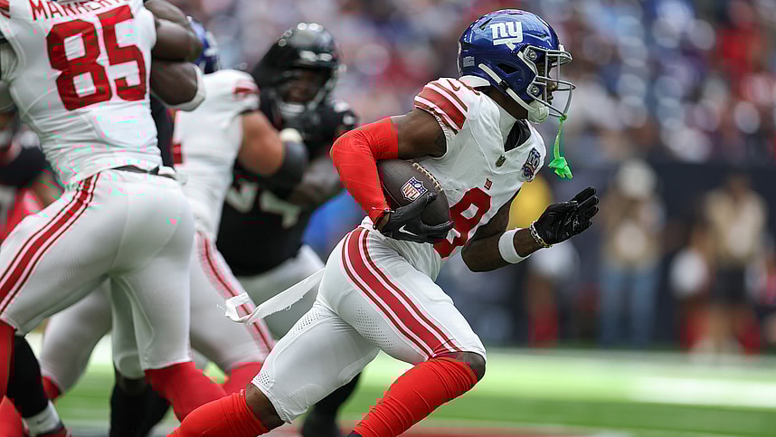 Aug 17, 2024; Houston, Texas, USA; New York Giants wide receiver Malik Nabers (9) runs with the ball during the game against the Houston Texans at NRG Stadium. Mandatory Credit: Troy Taormina-USA TODAY Sports