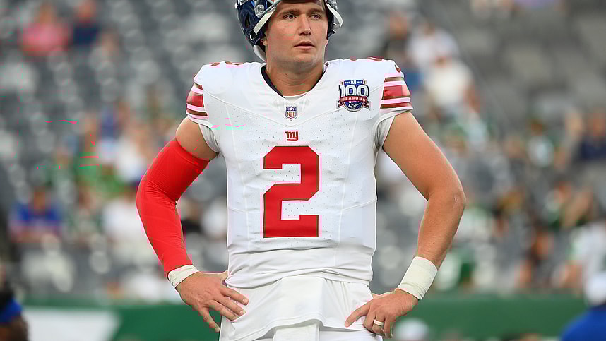 Aug 24, 2024; East Rutherford, New Jersey, USA; New York Giants quarterback Drew Lock (2) looks on prior to the game against the New York Jets at MetLife Stadium. Mandatory Credit: Rich Barnes-Imagn Images