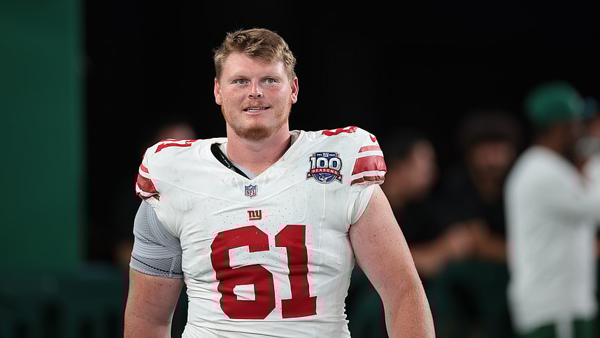 Aug 24, 2024; East Rutherford, New Jersey, USA; New York Giants center John Michael Schmitz Jr. (61) after the game at MetLife Stadium. Mandatory Credit: Vincent Carchietta-Imagn Images